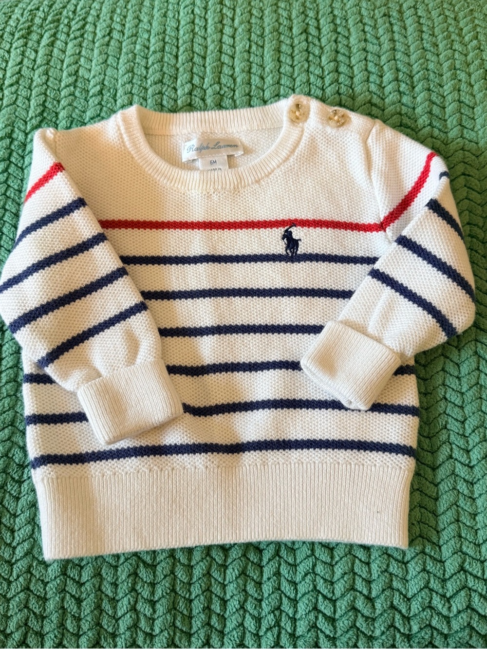Ralph Lauren Striped Cotton Knit Sweater - White with Navy & Red 6 mos baby